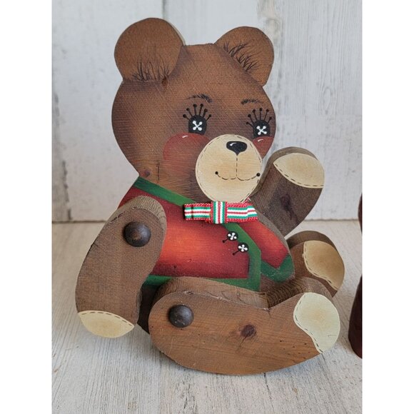 Vintage wooden teddy bear Santa Claus unique rustic folk art set decor - Picture 2 of 7